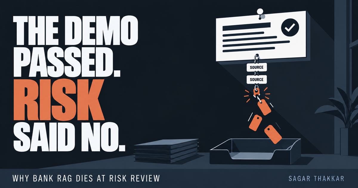 Poster reading THE DEMO PASSED, RISK SAID NO: an answer card whose chain of source citations has been cut, blank tags falling into an empty document tray