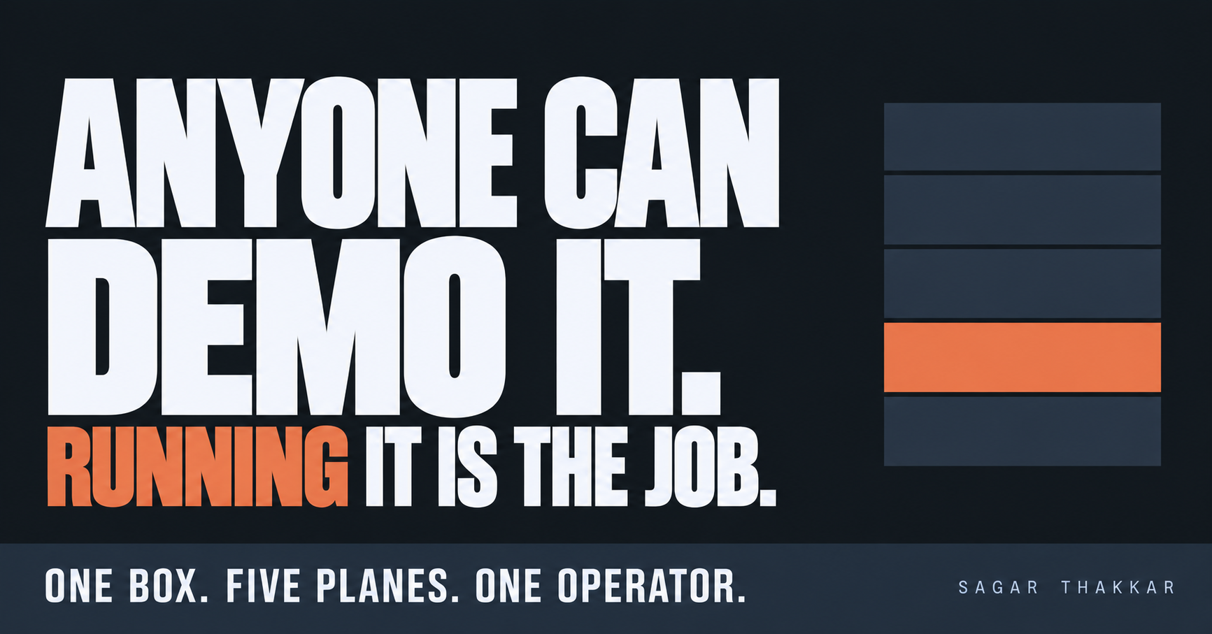 Typographic poster reading ANYONE CAN DEMO IT. RUNNING IT IS THE JOB., beside a single slab divided into five bands, one highlighted, above the line ONE BOX. FIVE PLANES. ONE OPERATOR.