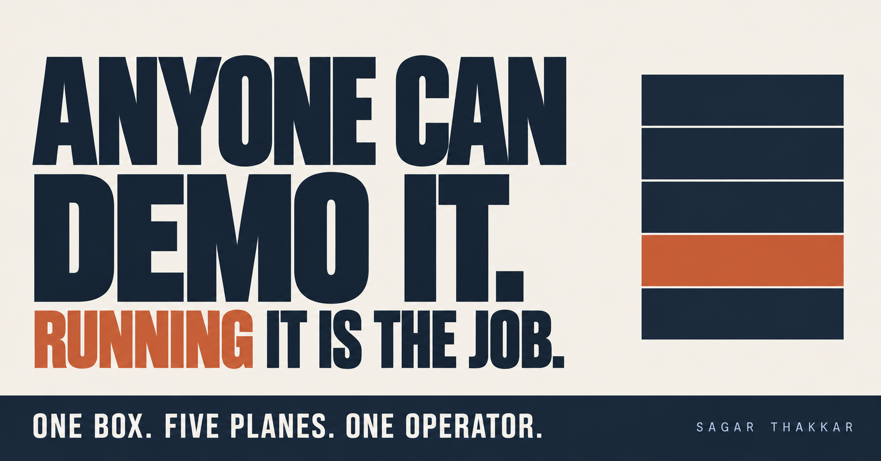 Typographic poster reading ANYONE CAN DEMO IT. RUNNING IT IS THE JOB., beside a single slab divided into five bands, one highlighted, above the line ONE BOX. FIVE PLANES. ONE OPERATOR.