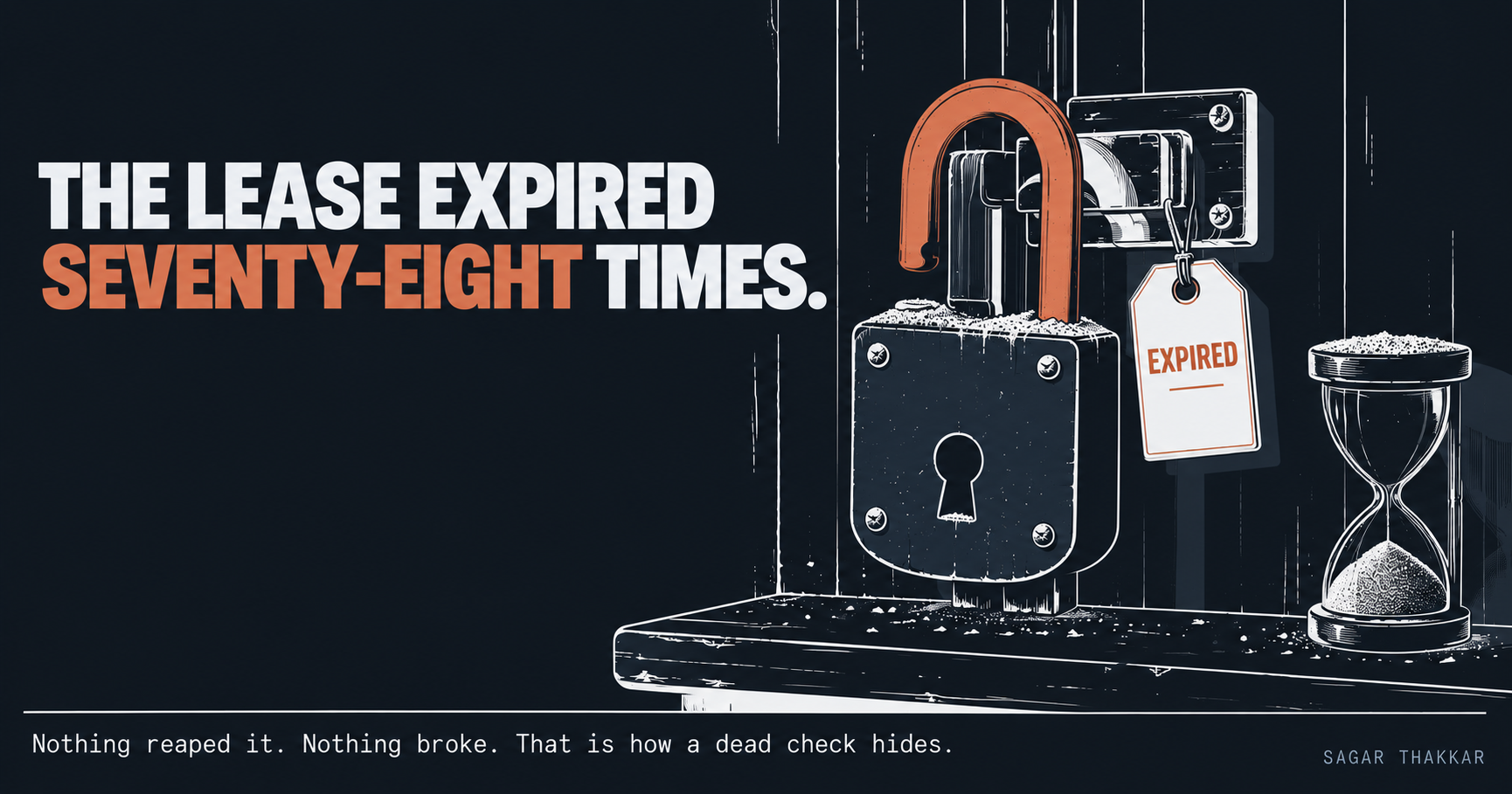 Poster headline: The lease expired seventy eight times. A rusted padlock hangs open and dust covered with an expired tag beside an hourglass with sand fully settled at the bottom. Caption: nothing reaped it, nothing broke, that is how a dead check hides.