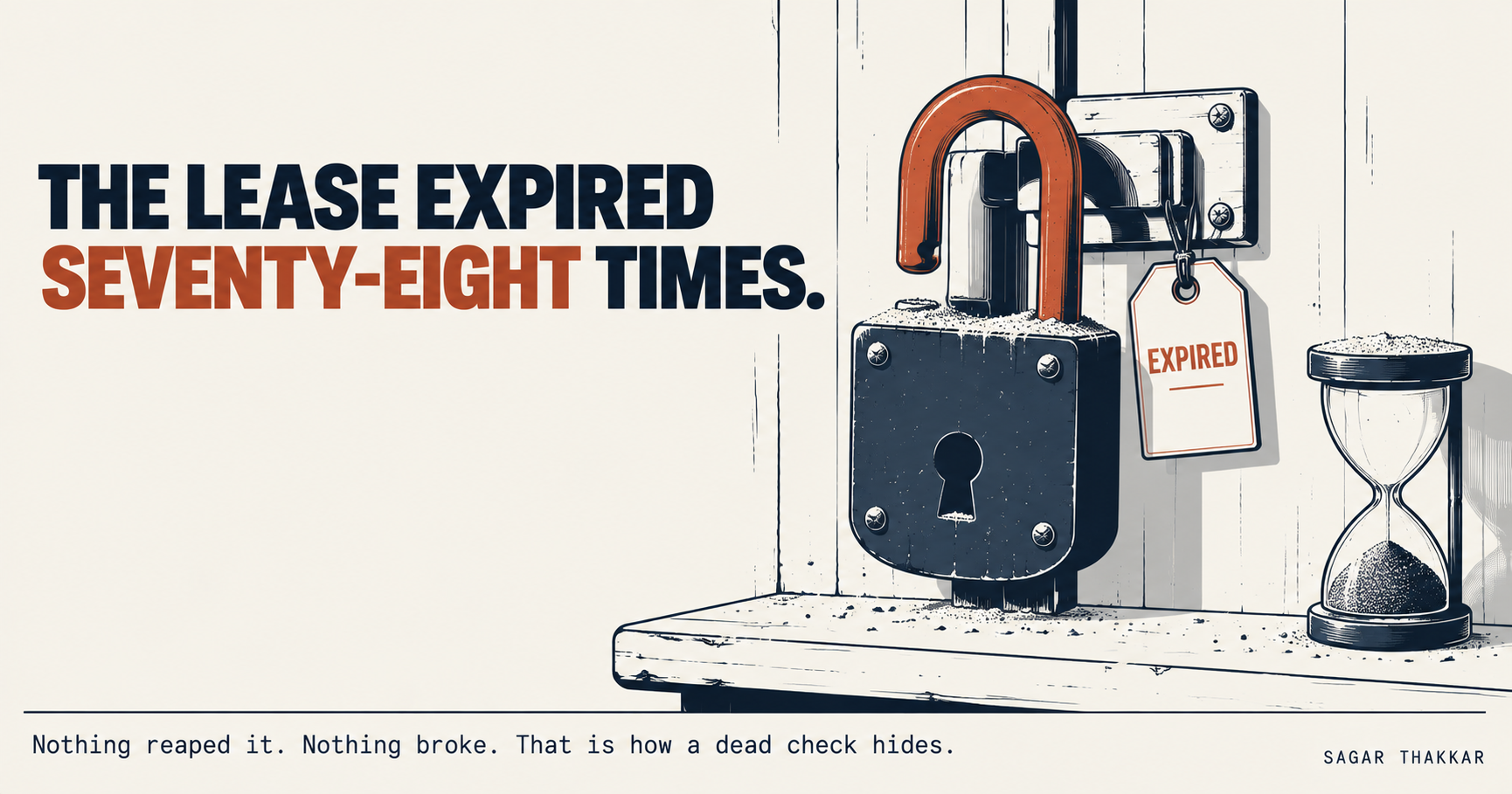 Poster headline: The lease expired seventy eight times. A rusted padlock hangs open and dust covered with an expired tag beside an hourglass with sand fully settled at the bottom. Caption: nothing reaped it, nothing broke, that is how a dead check hides.